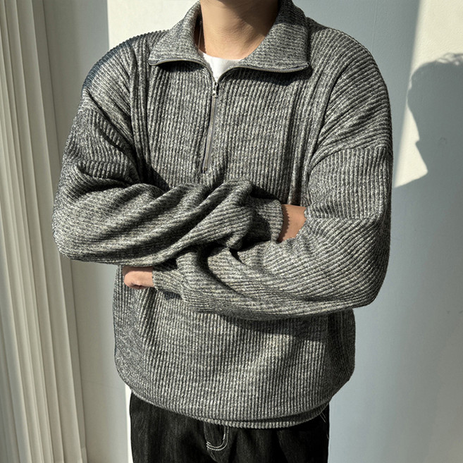 머시따 베니 반집업 골지 세미오버핏 니트 맨투맨