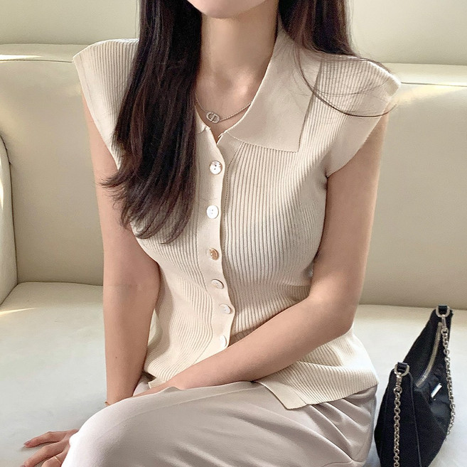 타니즈 여성용 롬베 카라넥 캡소매 골지 니트 티셔츠