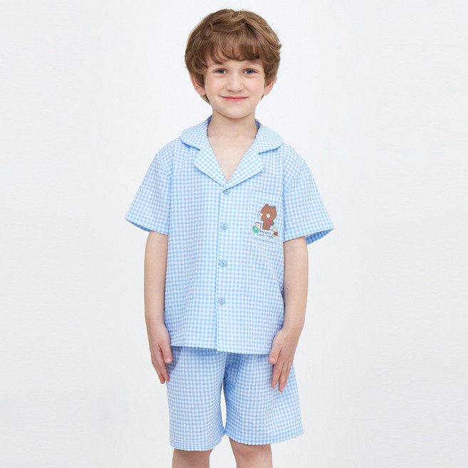 레노마키즈 남아용 라인프렌즈 체크 5부 파자마 상하의 세트