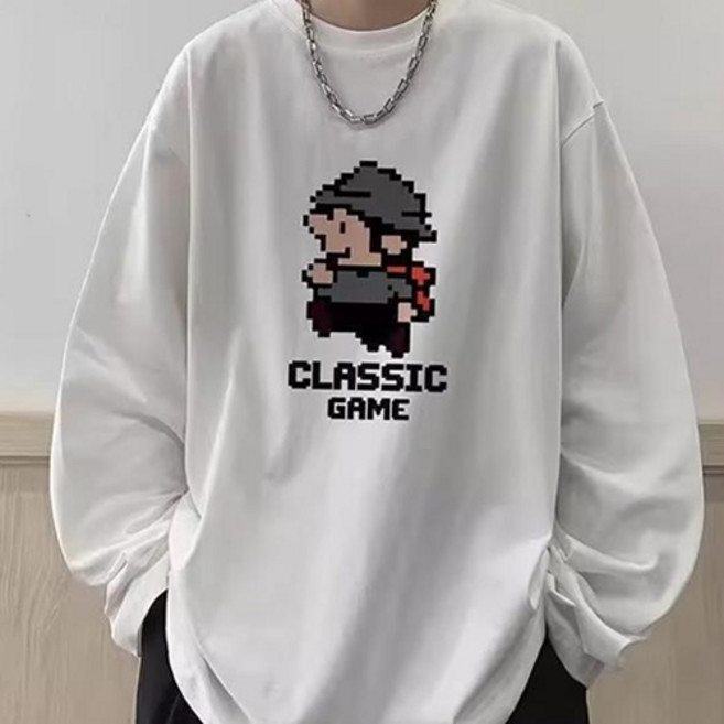 더플로우커머스 남성용 클래식 게임 프린트 루즈핏 긴팔 티셔츠