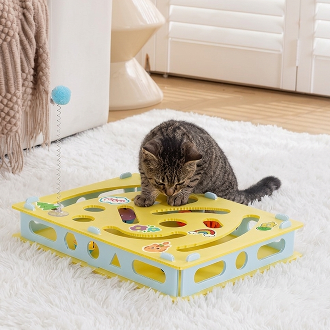 딩동펫 고양이 미로 트랙볼 방울 스프링 장난감, 옐로우블루, 1개