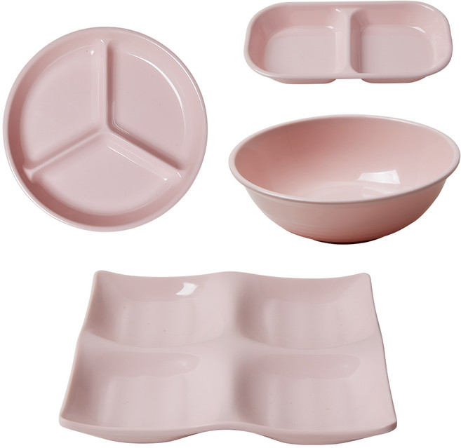 식판의고수 접시 4종 세트, 1세트, 원형 3칸 + 나눔 4칸 + 직이절 소 + 면기 소, 피치 핑크
