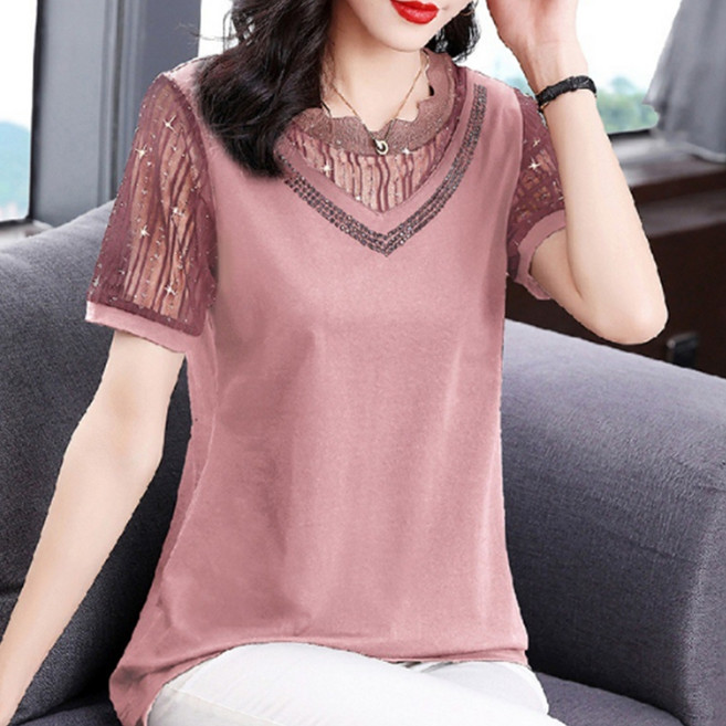 알로데 여성용 고귀한 브이넥 시스루 반팔 티셔츠