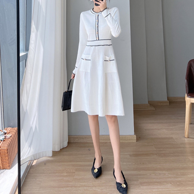 Lemon Soul Gomez 系列撞色針織中長版連身裙, 白色