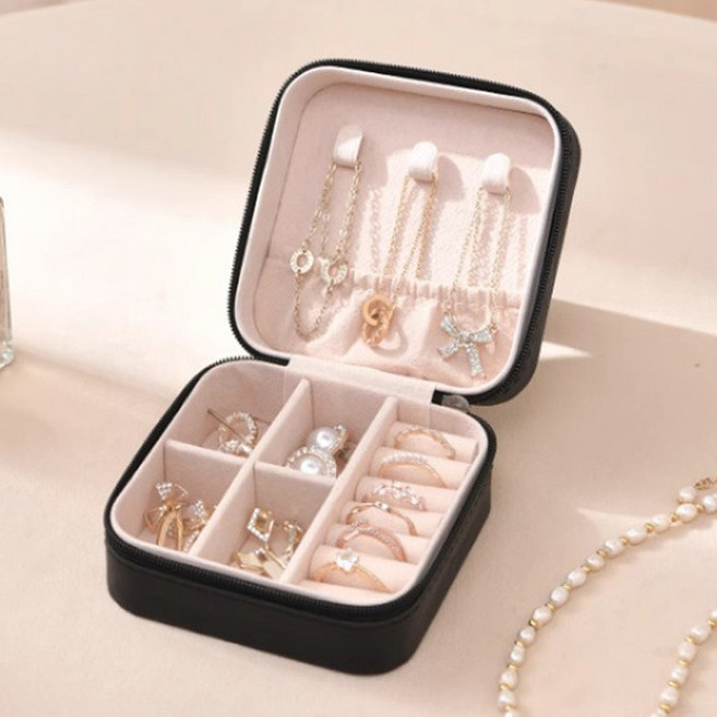 사각 휴대용 주얼리 목걸이 반지 보석함, 블랙, 1개