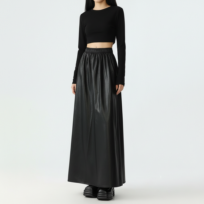 MARKETPIA 女款皮革A字鬆緊腰長裙