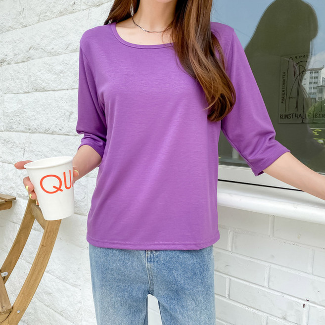 라라온 여성용 스퀘어넥 무지 스판 8부 티셔츠 26TSP3693