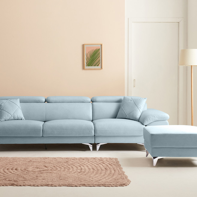 아로미가구 모니카 기능성 패브릭 4인용 소파 + 스툴 + 쿠션 3p 방문설치, 아이스블루