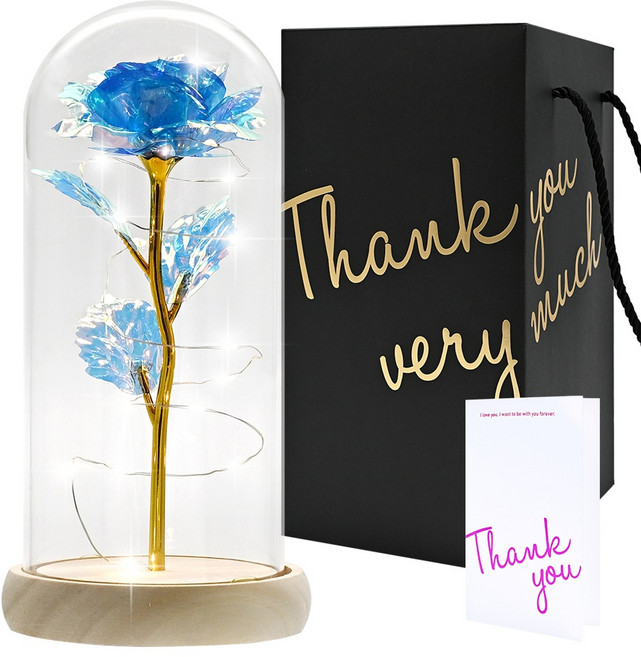 포포팬시 LED 오브제 골든 장미 유리돔 파티 무드등 대 + 메시지카드 세트 + 쇼핑백, 블루