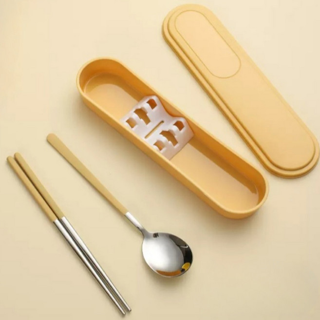 미니모 무소음 휴대용 도시락 수저 세트, 옐로우버터, 숟가락 + 젓가락 + 수저케이스, 2세트