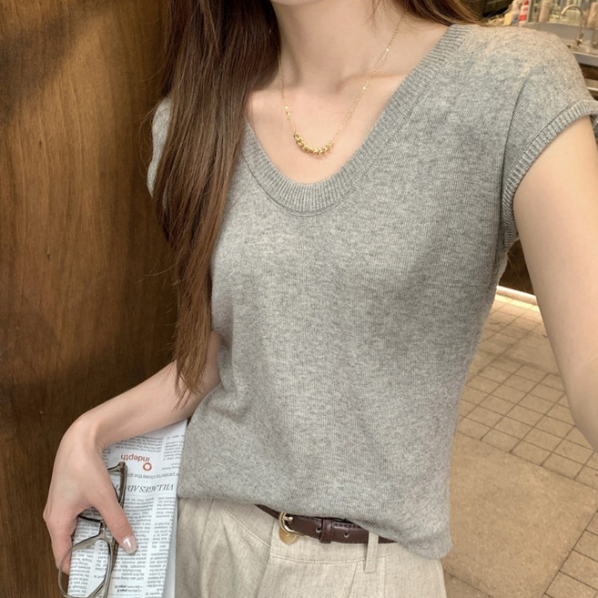 반야스토리 여성용 QQ6 베이직 슬림핏 캡소매 티셔츠