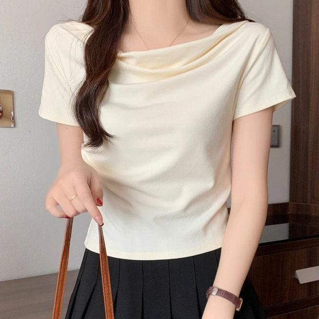 디멜디 여성용 캐주얼 슬림 우아한 드레이프 카울넥 반팔 티셔츠