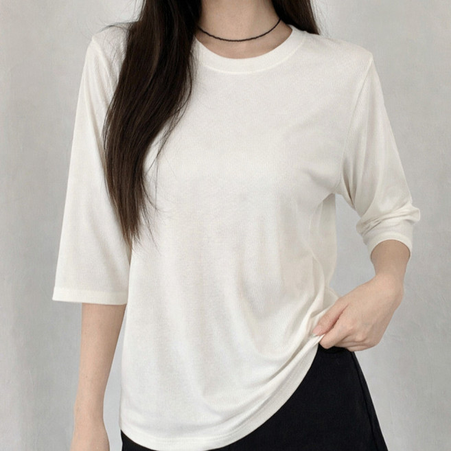 라라온 여성용 골지 라운드넥 스판 8부 티셔츠 26TSP3697