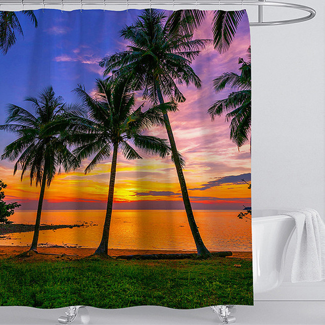 마켓에이 바닷가 픽처 프린팅 샤워커튼 야자수일몰 150 x 180 cm, 1개