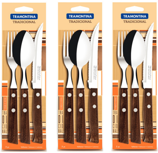 트라몬티나 스테이크용 3종 세트, 원목, 스푼 3p + 포크 3p + 스테이크 나이프 3p, 3세트