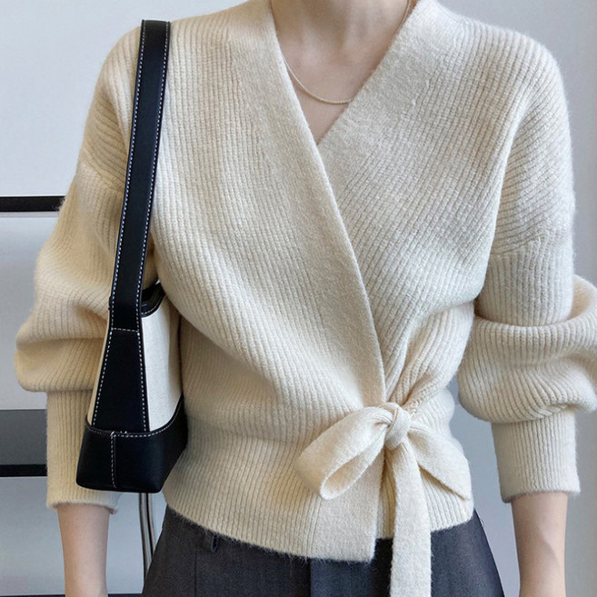 라라티나 여성용 제시카 브이넥 벌룬 데이트 하객룩 허리끈 가디건