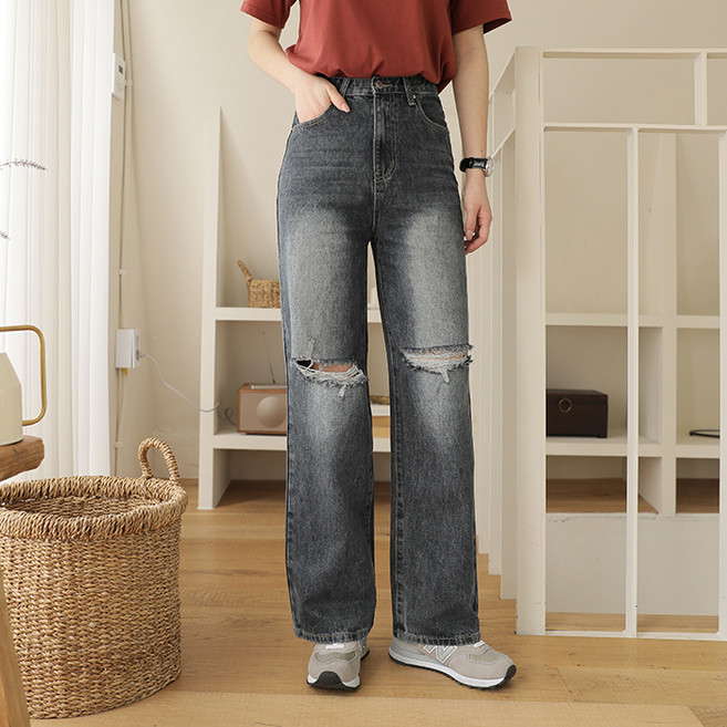 빼빼 여성용 난스판 찢청 워싱 와이드 데님 팬츠 베이직