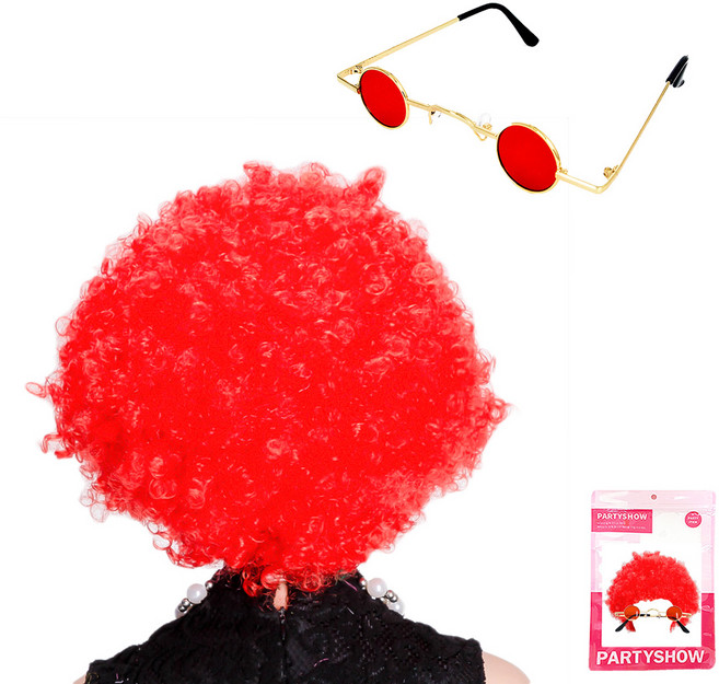 파티쇼 점보가발 + 레트로 미니 안경 세트, 레드(가발), 금테레드(안경), 1세트