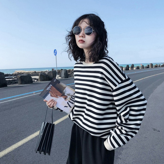 디멜디 여성용 클래식 스트라이프 데일리 루즈 긴팔 티셔츠