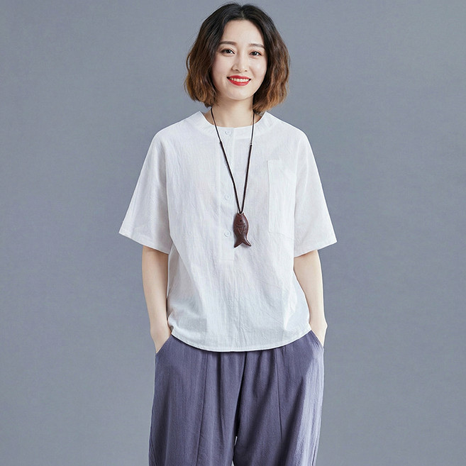 INFIOUS 女款素色休閒亞麻大尺碼T恤 I263-0217