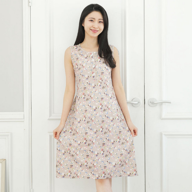 에이원패션 여성용 냉감 플리츠 민소매 허리 끈 원피스 잠옷 6008