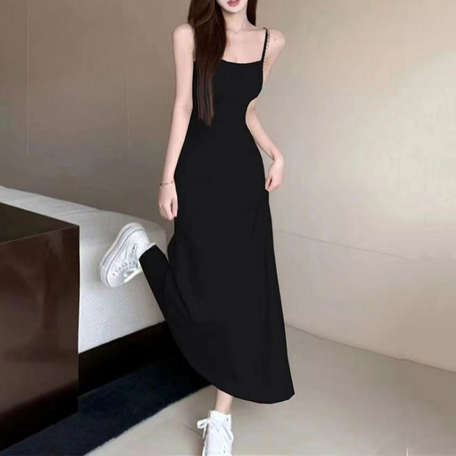 Goodif 基本款背心腰部修身長喇叭連身裙, 黑色