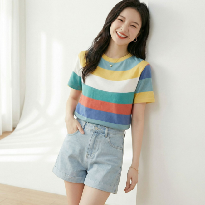 구디프 여성용 스트라이프 데일리 반팔 티셔츠