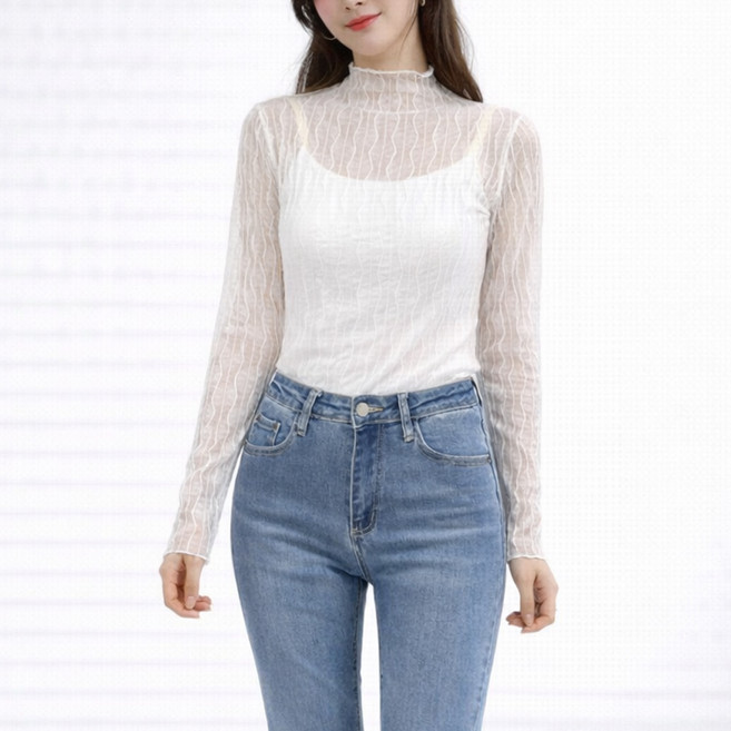 더시럽 여성용 물결 시스루 레이어드 목폴라 티셔츠