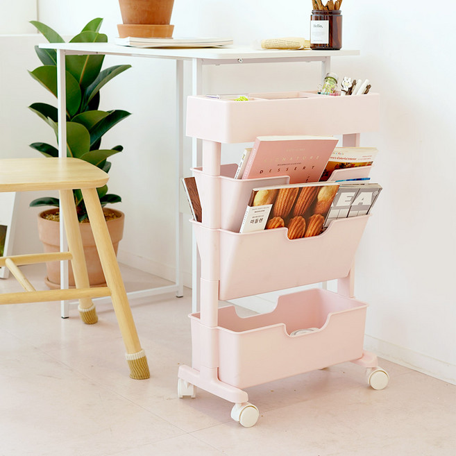보노하우스 모던슬림 북트롤리, 모던핑크, 4단