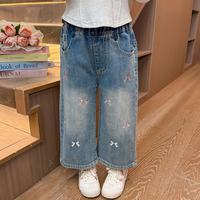 Starbean 女童蝴蝶結刺繡鬆緊帶牛仔褲
