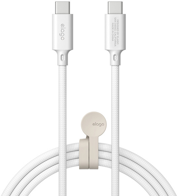 엘라고 240W PD C to C 고속 충전 케이블 + 마그네틱 케이블 타이 세트, 화이트, 1세트, 1m