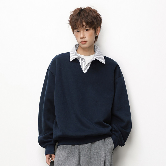 벨로시티 남녀공용 페이크 카라 레이어드 오버핏 맨투맨