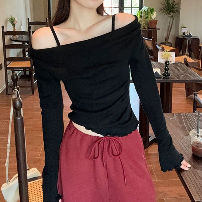 비비에모 여성용 카르디 브이랩 오프숄더 이중 티셔츠 10988