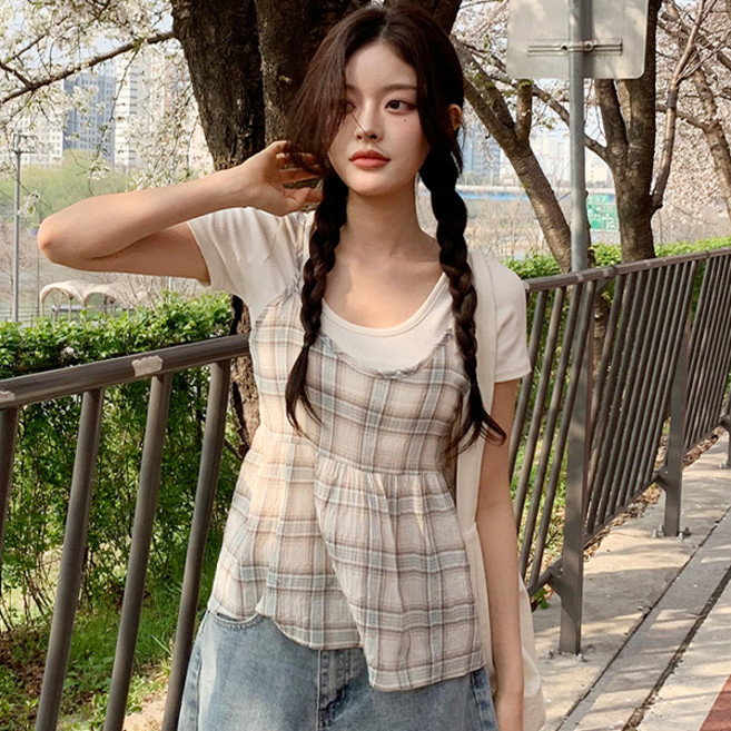 바닐라민트 여성용 쉐이크 체크 나시 블라우스