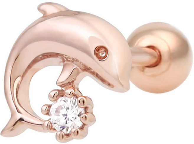 Lawool stone 女性用 14K 玫瑰金 鋯石 海豚 金耳針 日常 單邊耳環 JK119 + 禮物盒