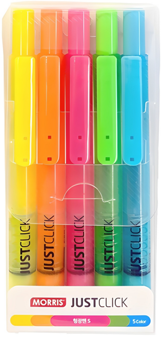 MORRIS JUSTCLICK 按壓式螢光筆S 5色, 黃色、橙色、粉色、天藍色、黃綠色, 1組