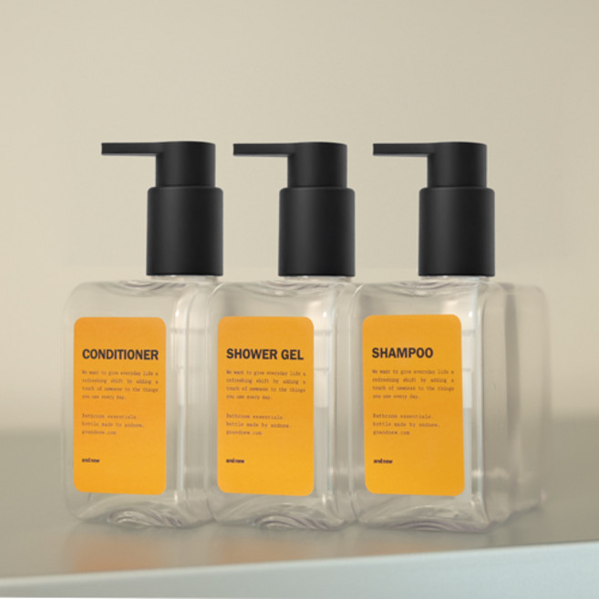 욕실 슬림 디스펜서 리필 용기 펌프 300ml x 3p + 라벨 3종 세트, 블랙(펌프), Yellow(라벨), 1세트