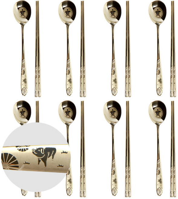 윌리브 국산 304스텐 띠 수저, 돼지, 숟가락+젓가락, 8세트