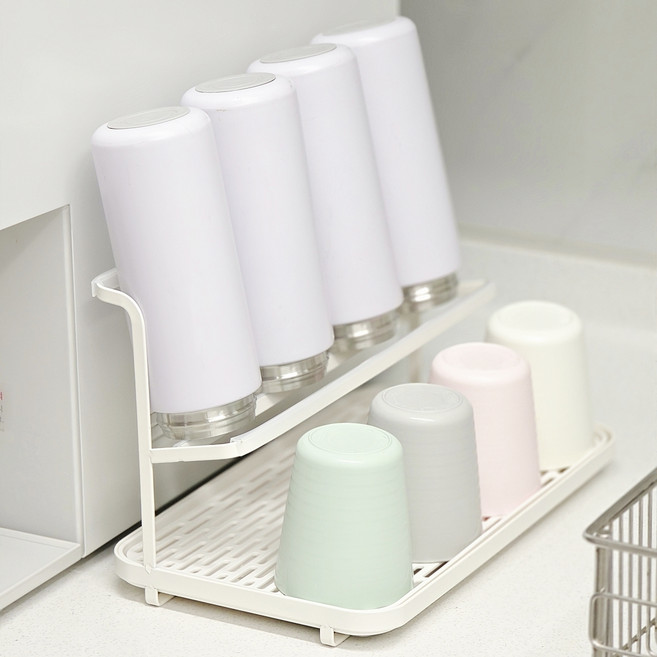 주앤지 물빠짐 컵 텀블러 건조 트레이 기울임형, 2단, 화이트, 1개