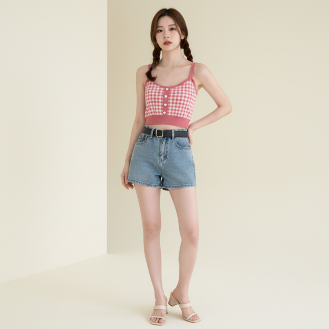 구디프 여성용 체크패턴 크롭 캐미솔