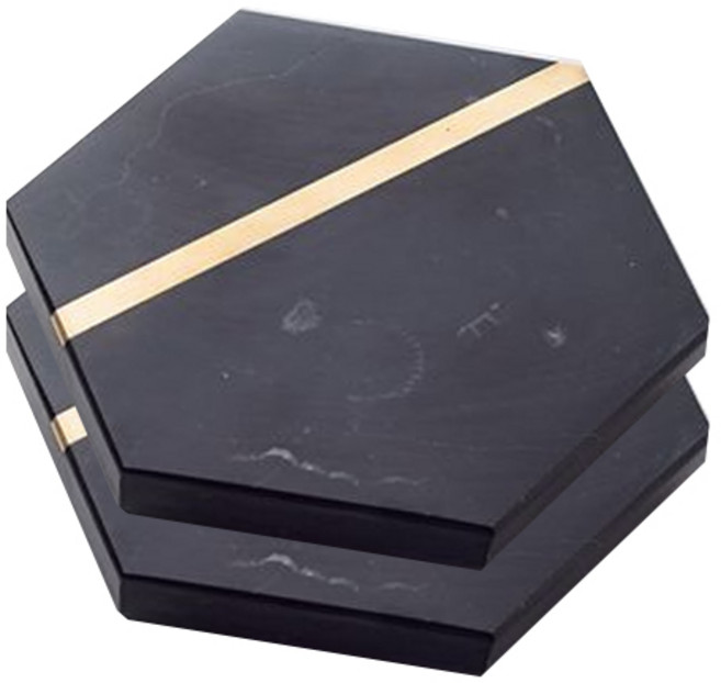 마켓피오 고급 대리석 골드라인 티코스터, 육각블랙, 2개