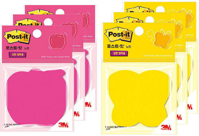 포스트잇 강한점착용 다이컷 노트 접착메모지 2종 x 3p 세트, 사과 + 나비, 45매, 1세트