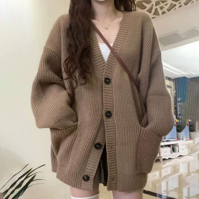 리치언니 여성용 루즈핏 베이직 니트 가디건