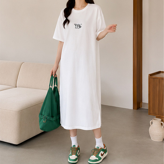 I CAN SIMPLE Ninety Six 白色藝術亮點短袖孕婦連身裙