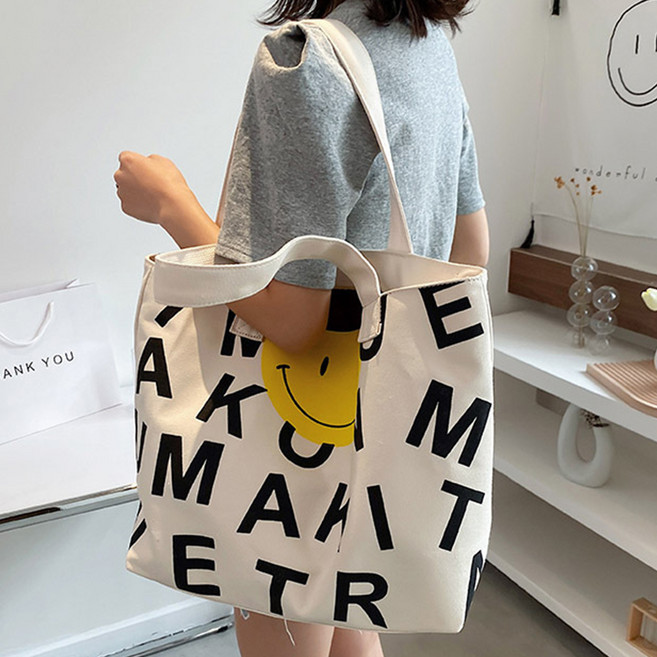 엘쏘 여성용 빅사이즈 스마일 알파벳 디자인 캐주얼 지퍼장금장치 안전수납 에코백