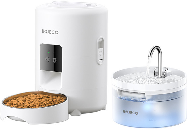 로제코 반려동물 스마트 자동급식기 + 급수기 세트, 화이트, 1세트, 2L