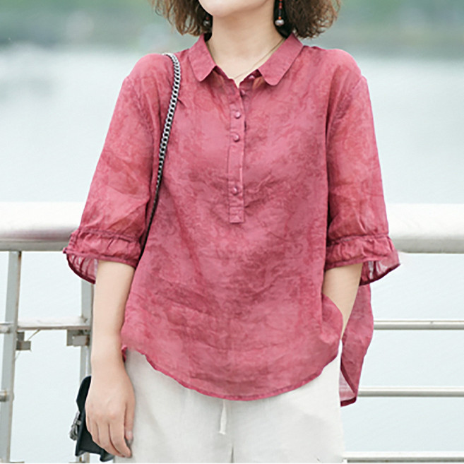 구디프 여성용 7부 소매 카라 단정하고 시원한 데일리룩 티셔츠