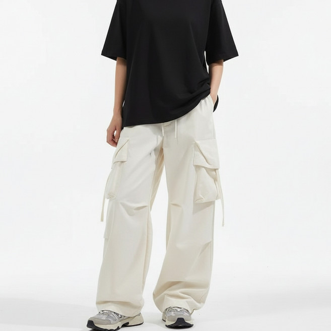 마켓피아 여성용 카고 와이드 밴딩 스트링 팬츠