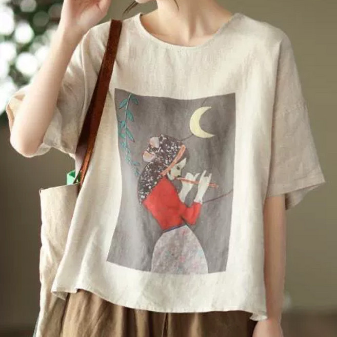 반야스토리 여성용 빈티지 프린트 루즈핏 티셔츠 피리여자 QQ89