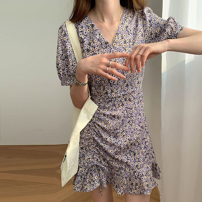 MarketA 女款交叉花朵短袖迷你連身裙 T25SS3-A1837, 紫色